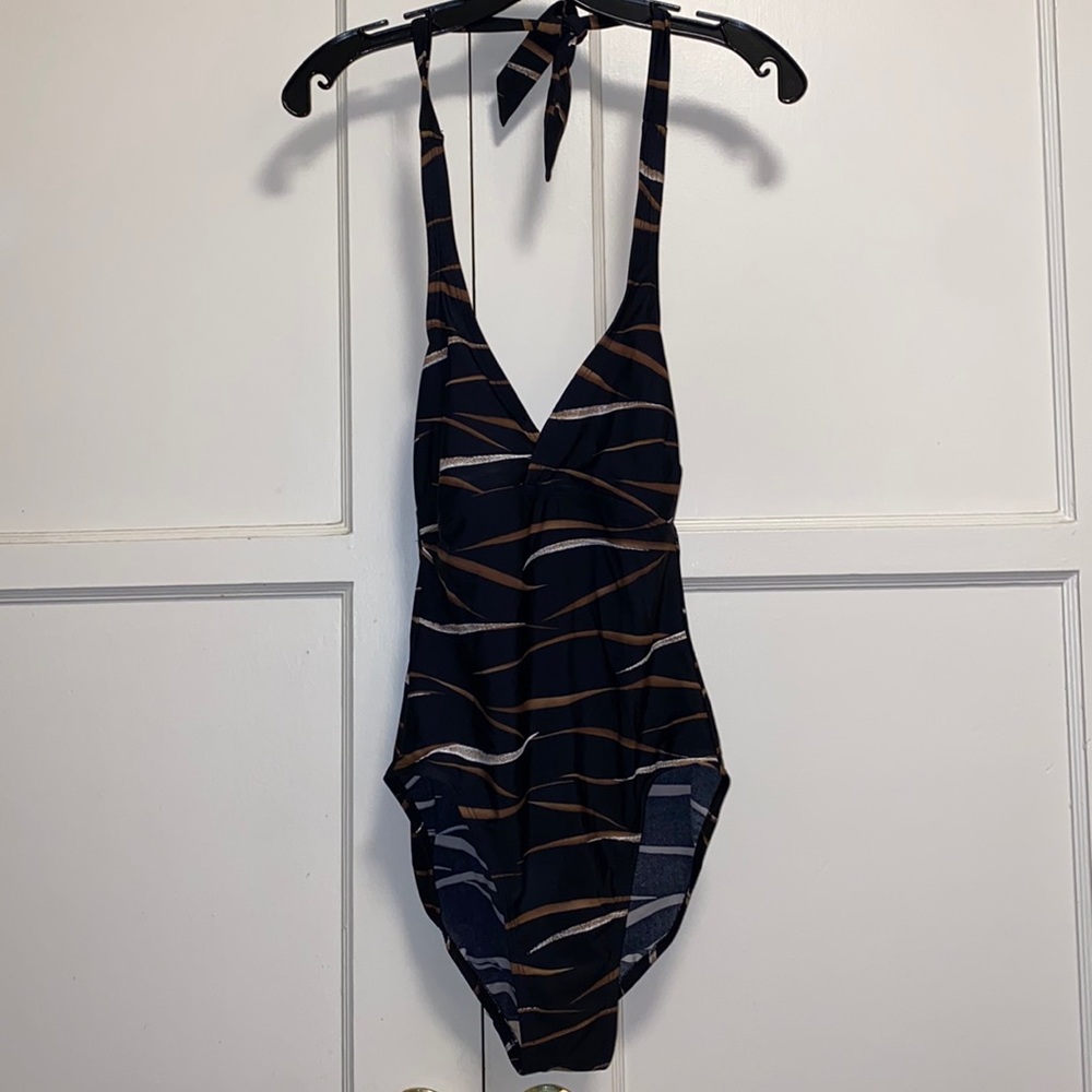 Aerin Rose 32/34D Black Tan White Stripe One Piece Swimsuit - Picture 1 of 11